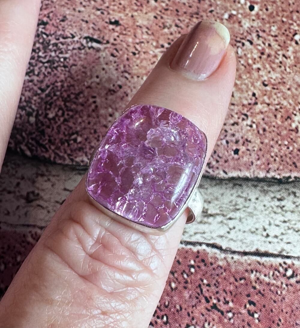 Pink Crackle Quartz Statement Ring Sterling Silver Plated Size 8